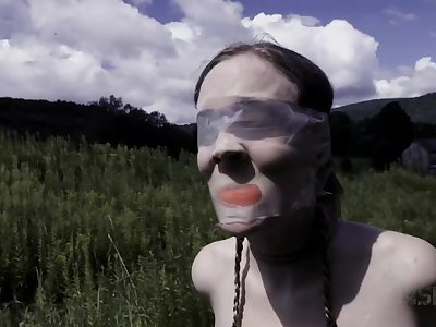 Ball gagged, tied up and tortured outdoors blonde whore Sierra Cirque