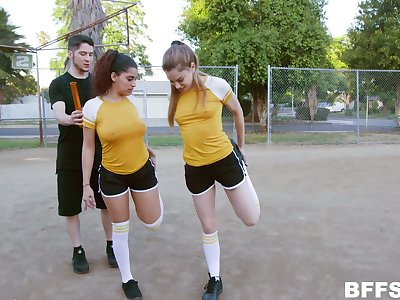 Sexy football girls are fucked and jizzed by sweltering coach near chubby cock